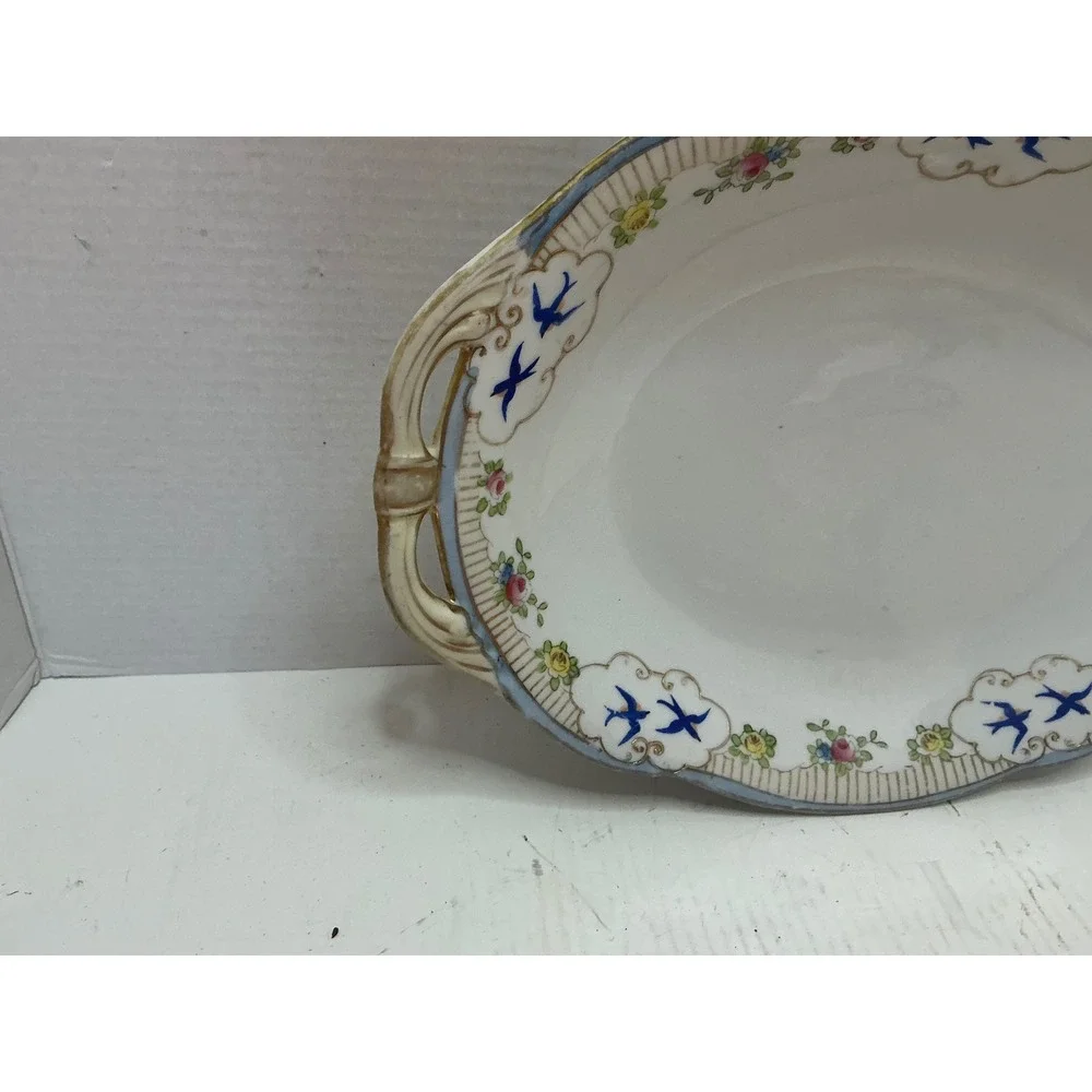 Nippon Vintage Hand Painted Porcelain Dish Blue Bird Floral Gold Trim 10.5in